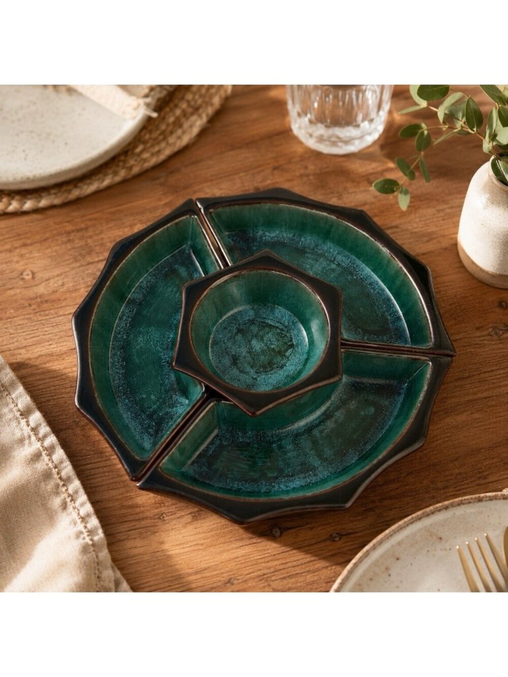 Vintage Blue Mountain Pottery Serving Set Canada Drip Glaze Teal Green MCM